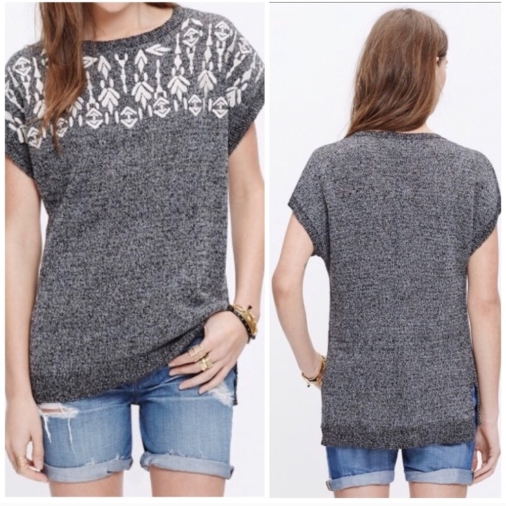 Madewell Embroidered Shortsleeve Linen Blend Pullover Sweater